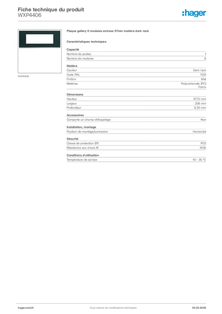 Image Hager Fiche technique du produit WXP4406 | Hager France