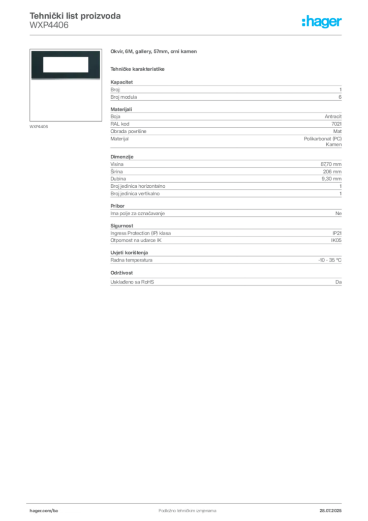 Slika Hager Product data sheet WXP4406  | Hager