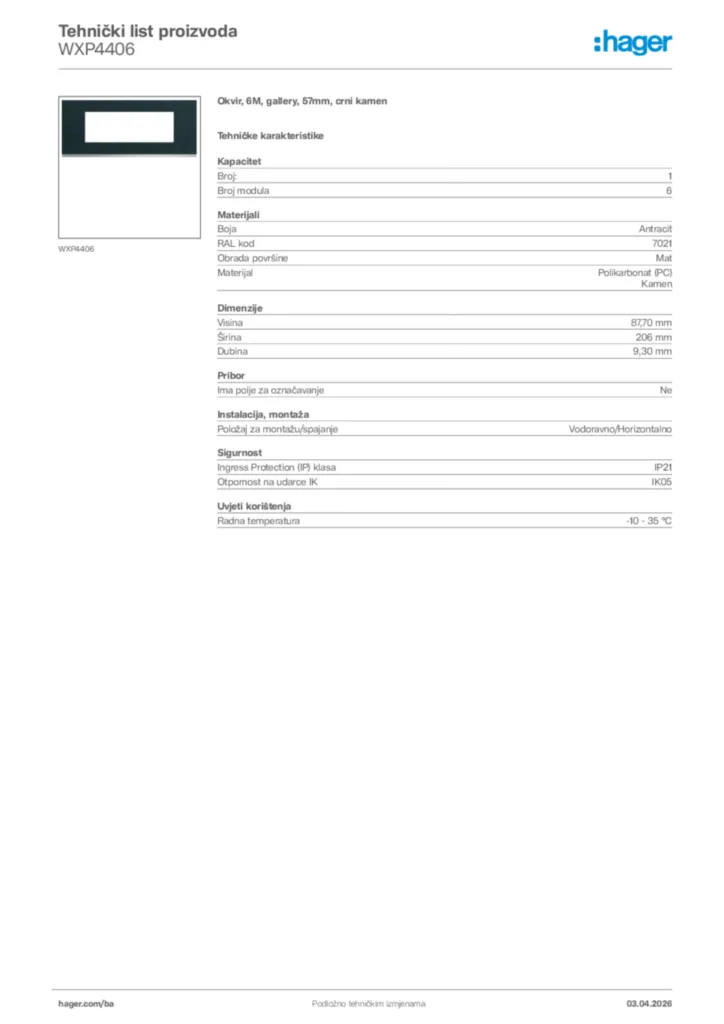 Slika Hager Tehnički list proizvoda WXP4406  | Hager