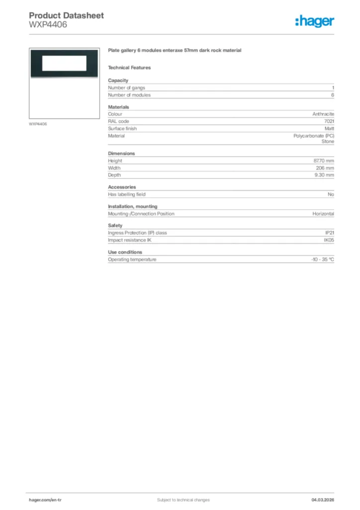 Image Hager Product data sheet WXP4406  | Hager