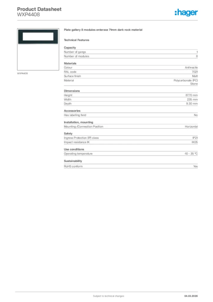 Image Hager Product data sheet WXP4408  | Hager Africa