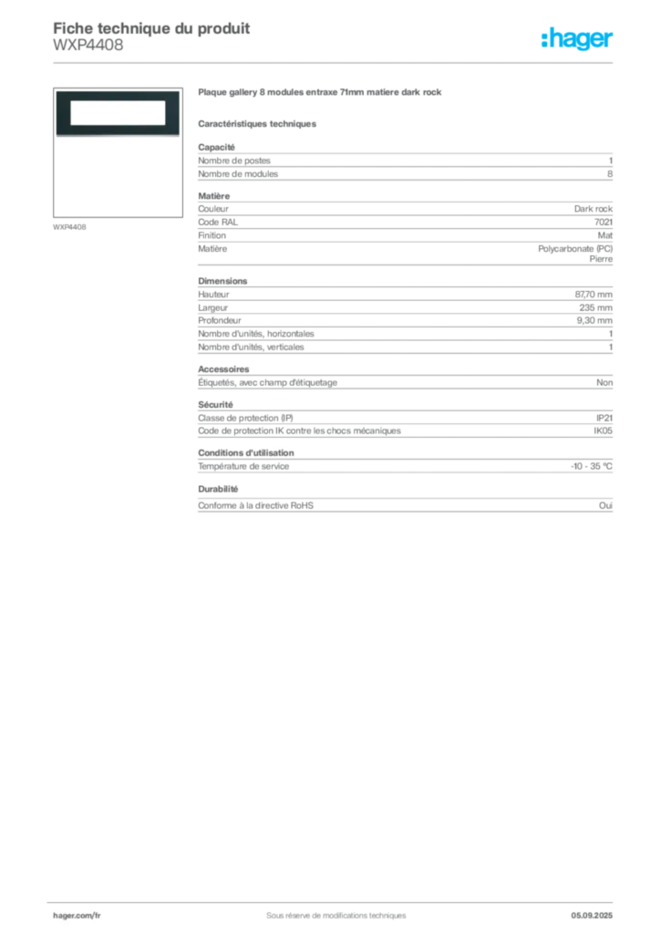 Image Hager Fiche technique du produit WXP4408 | Hager France