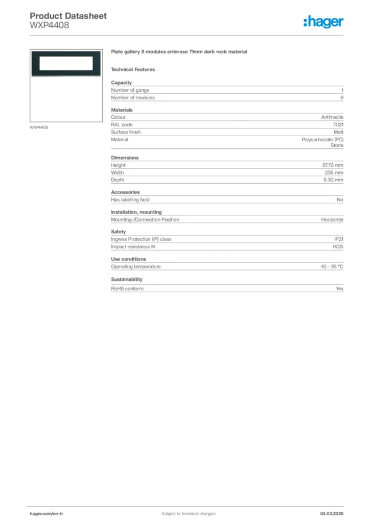 Image Hager Product data sheet WXP4408  | Hager