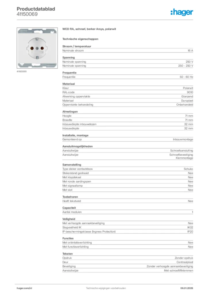Afbeelding Hager Productdatablad 41150069 | Hager Nederland