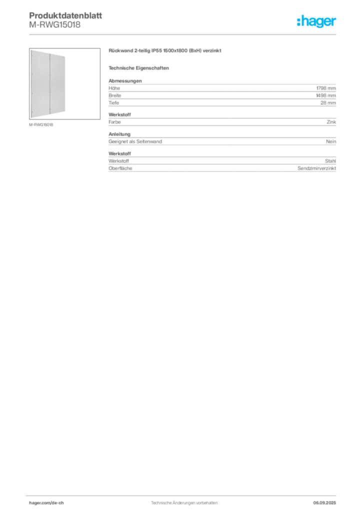 Bild Hager Produktdatenblatt M-RWG15018 | Hager Schweiz