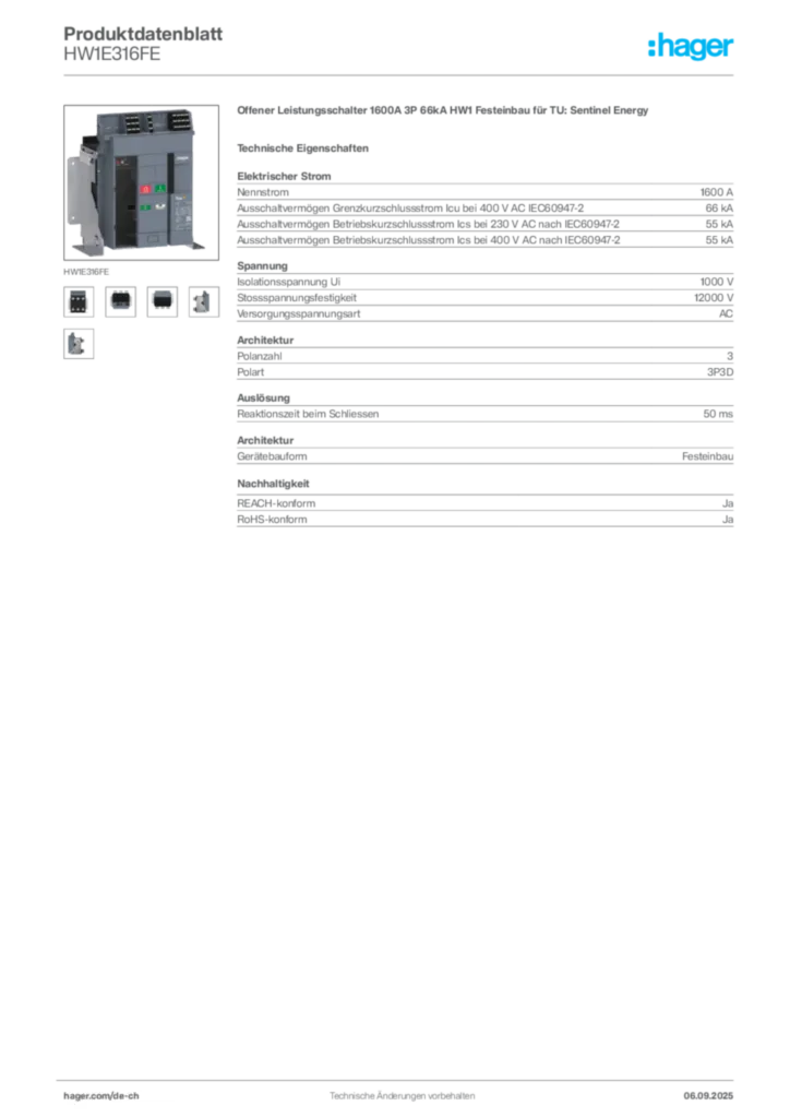 Bild Hager Produktdatenblatt HW1E316FE | Hager Schweiz