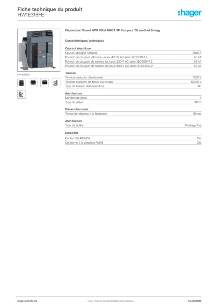 Image Hager Fiche technique du produit HW1E316FE | Hager Suisse