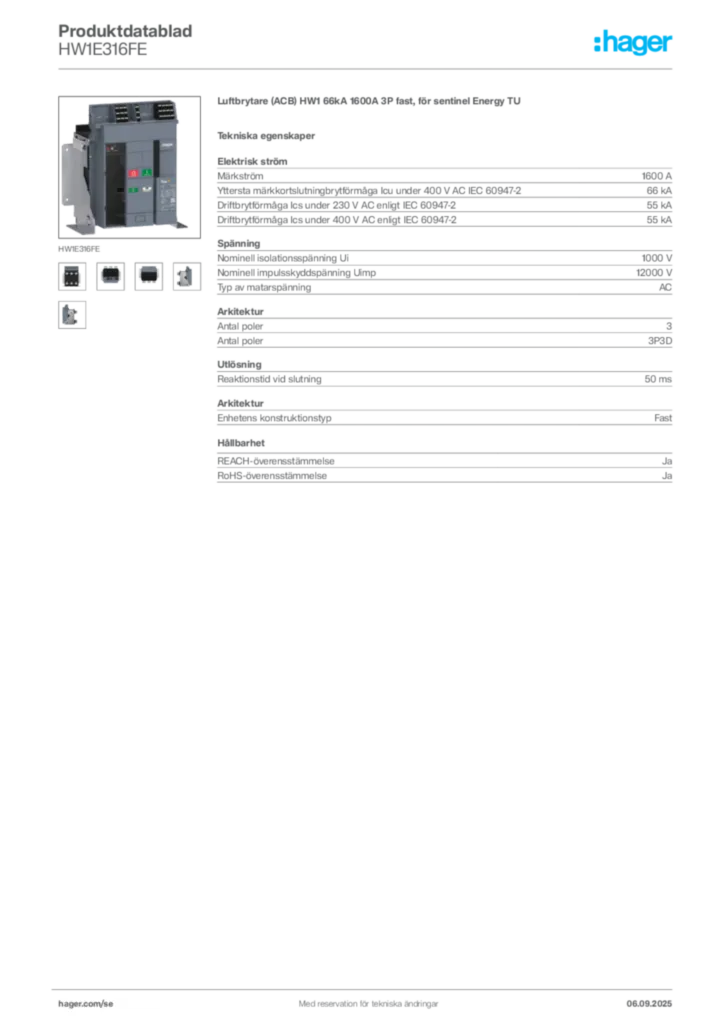 Bild Hager Produktdatablad HW1E316FE | Hager Sverige