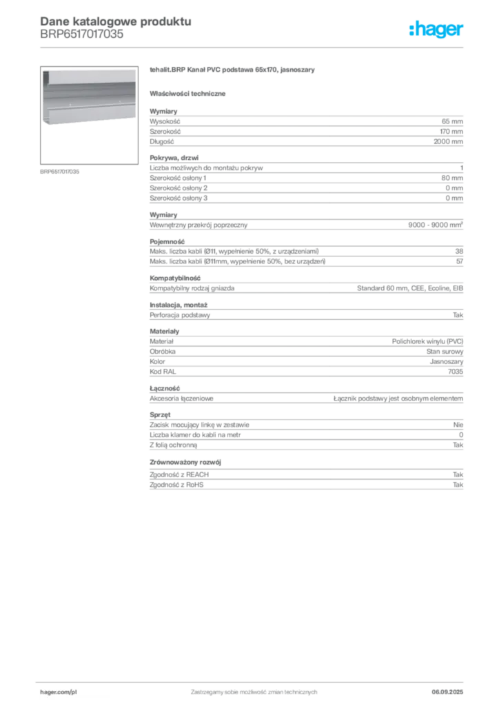 Zdjęcie Hager Dane katalogowe produktu BRP6517017035 | Hager Polska