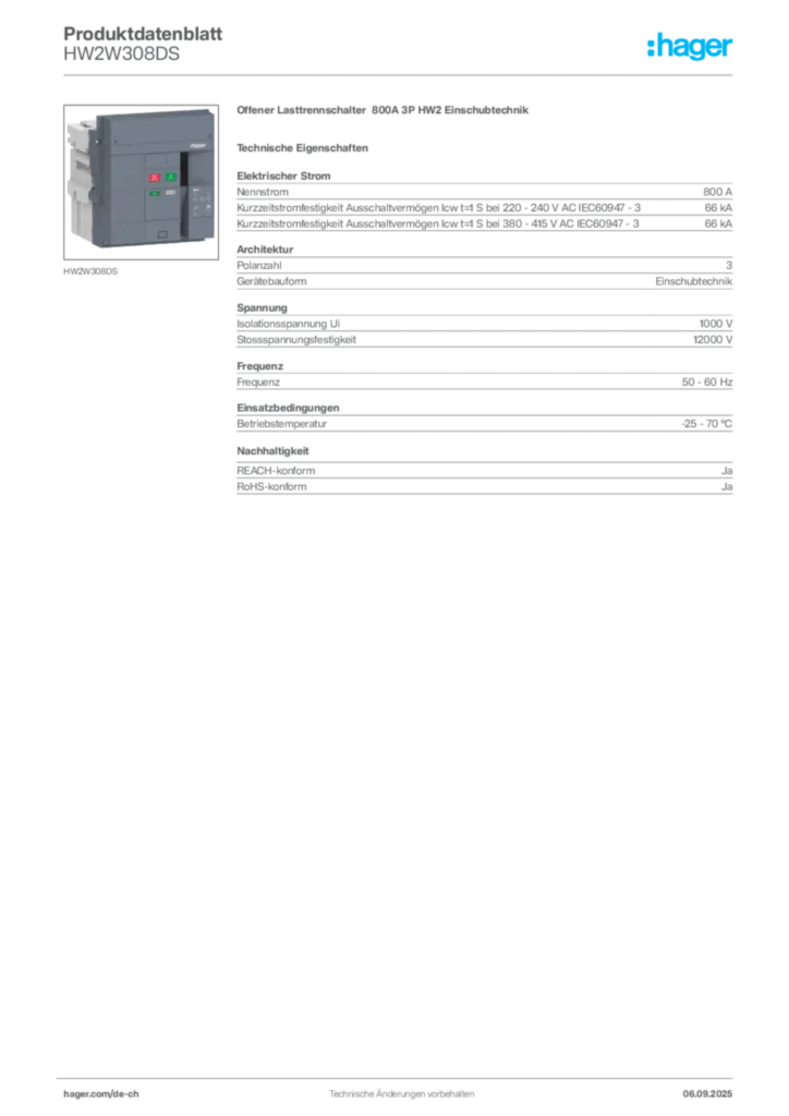 Bild Hager Produktdatenblatt HW2W308DS | Hager Schweiz
