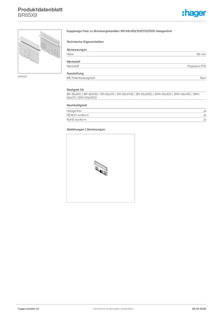Bild Hager Produktdatenblatt BR65X9 | Hager Schweiz