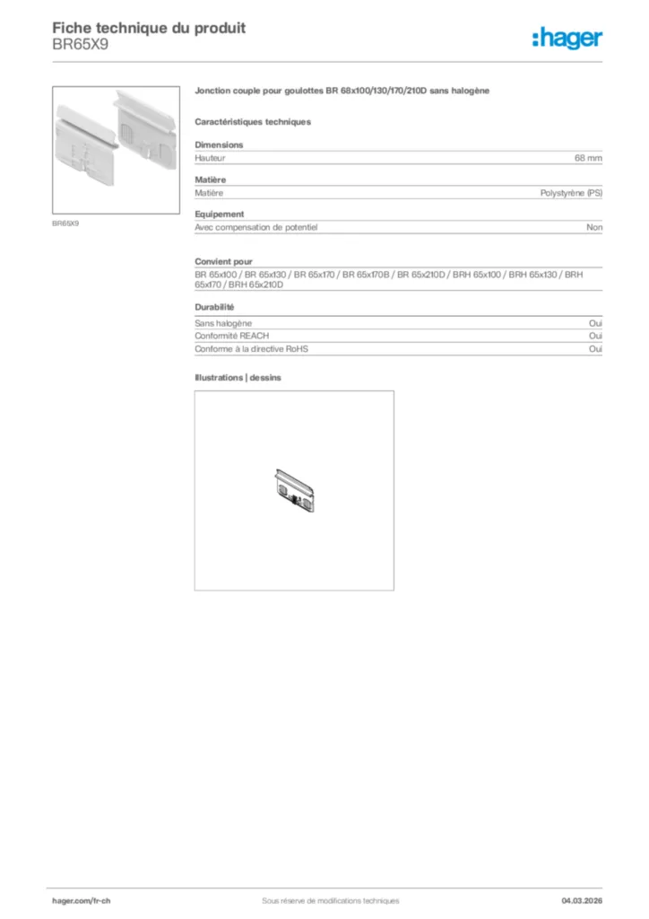 Image Hager Fiche technique du produit BR65X9 | Hager Suisse