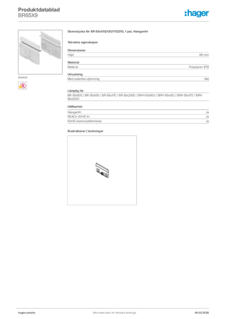 Bild Hager Produktdatablad BR65X9 | Hager Sverige