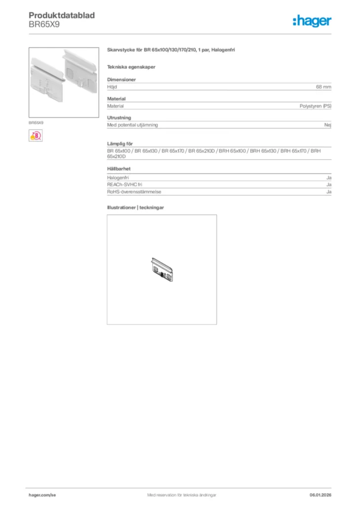 Bild Hager Produktdatablad BR65X9 | Hager Sverige
