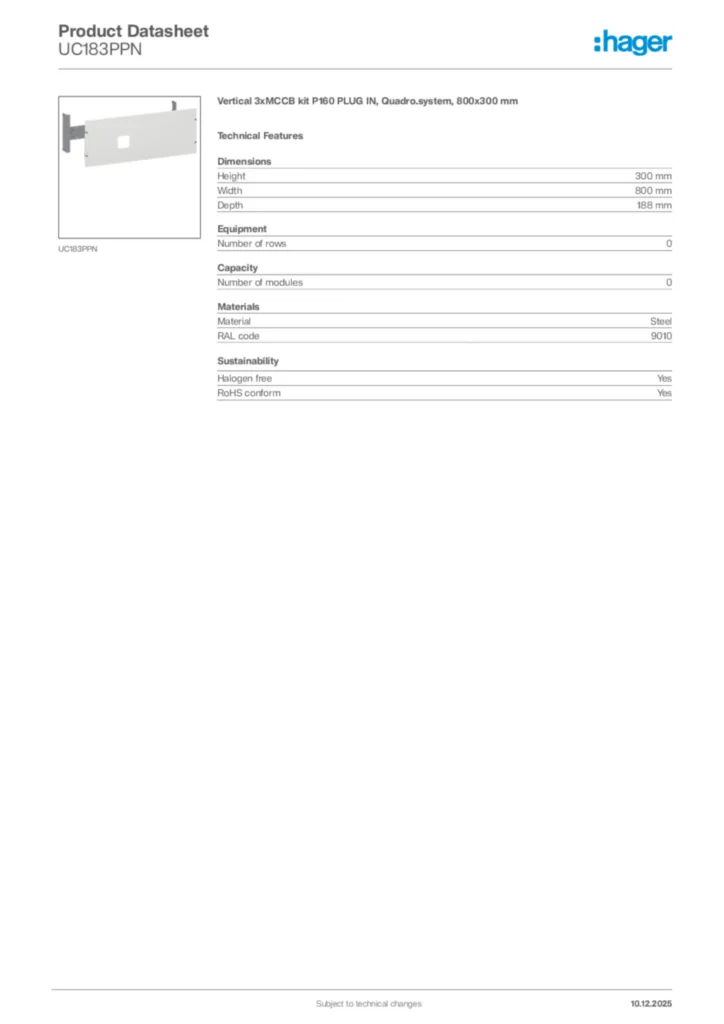 Image Hager Product data sheet UC183PPN  | Hager Africa