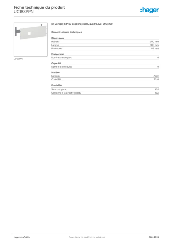 Image Hager Fiche technique du produit UC183PPN | Hager Afrique