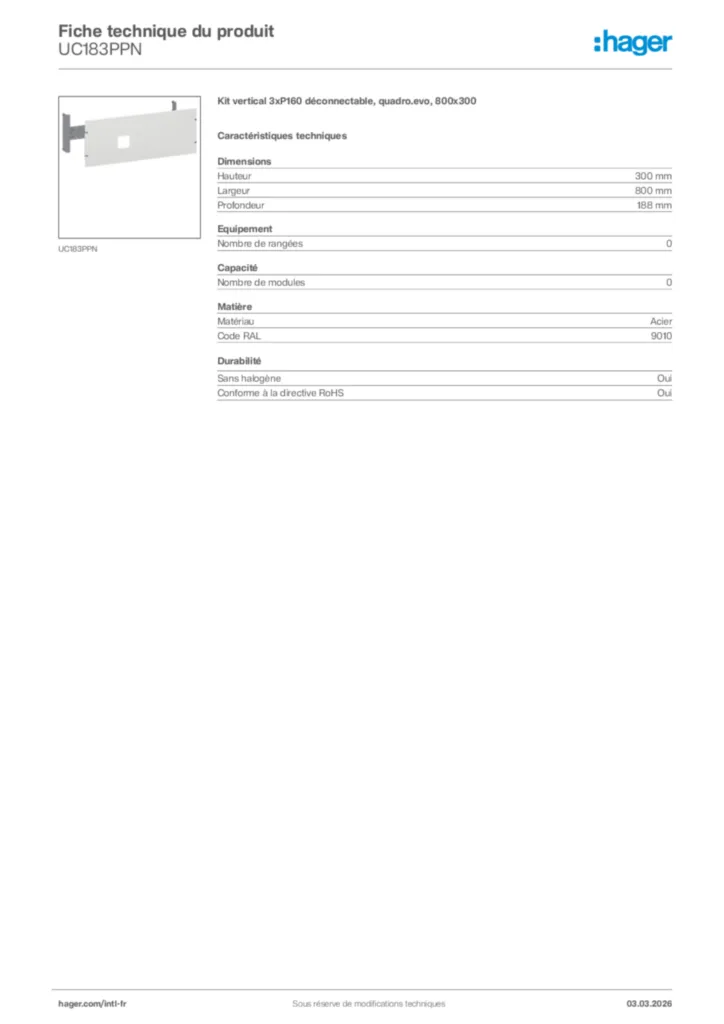 Image Hager Fiche technique du produit UC183PPN | Hager Afrique
