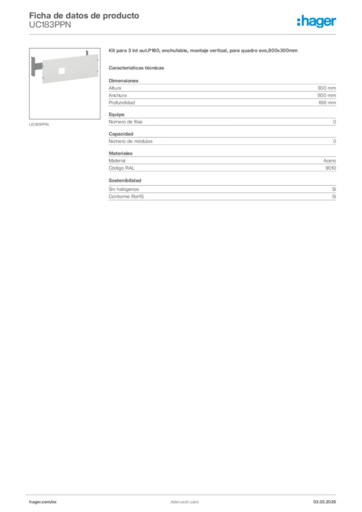 Imagen Hager Ficha de datos de producto UC183PPN | Hager España