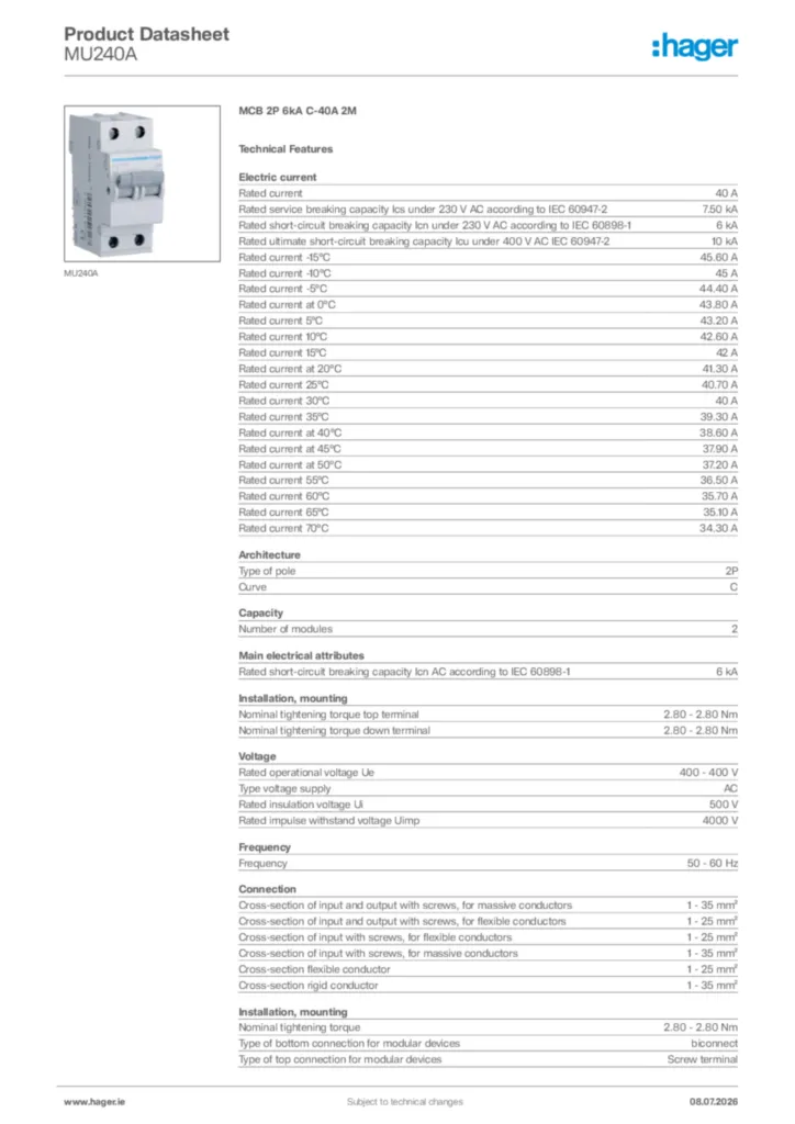 Image Hager Product data sheet MU240A  | Hager