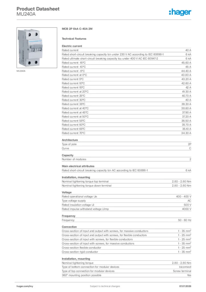 Image Hager Product data sheet MU240A  | Hager
