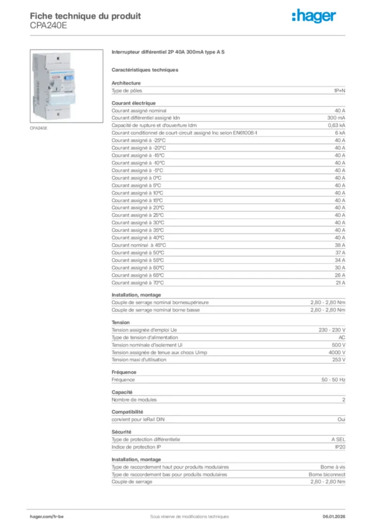 Image Hager Fiche technique du produit CPA240E | Hager Belgique