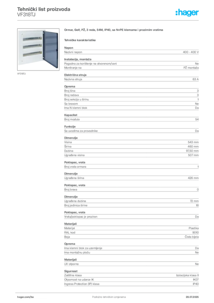 Slika Hager Product data sheet VF318TJ  | Hager
