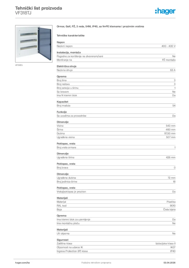 Slika Hager Tehnički list proizvoda VF318TJ  | Hager
