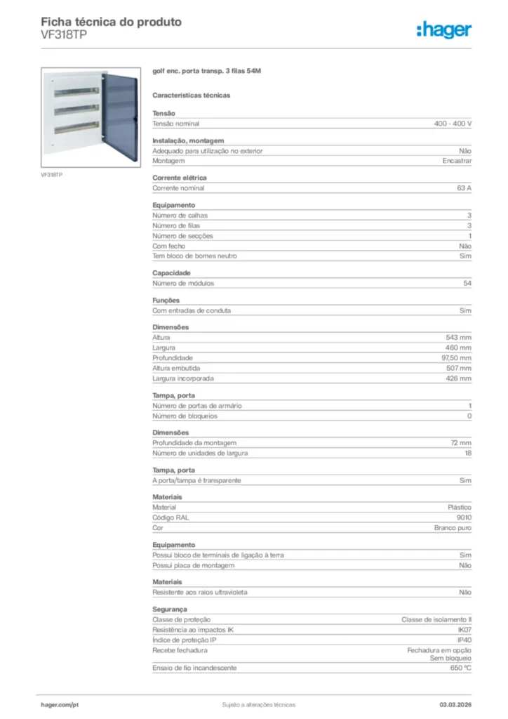 Imagem Hager Ficha técnica do produto VF318TP | Hager Portugal
