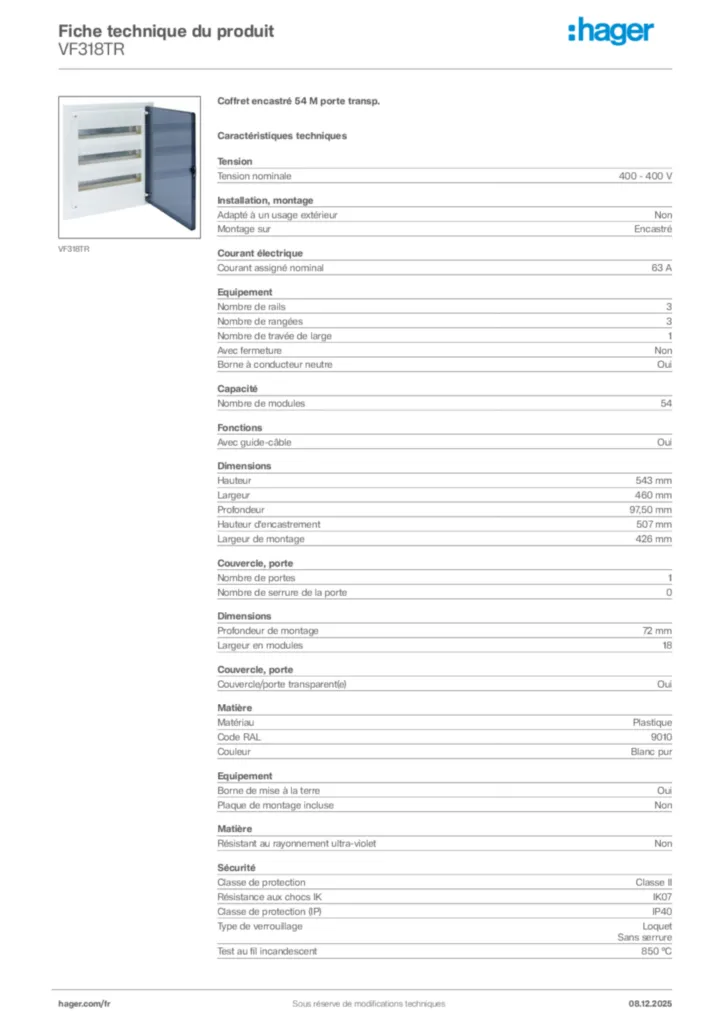 Image Hager Fiche technique du produit VF318TR | Hager France