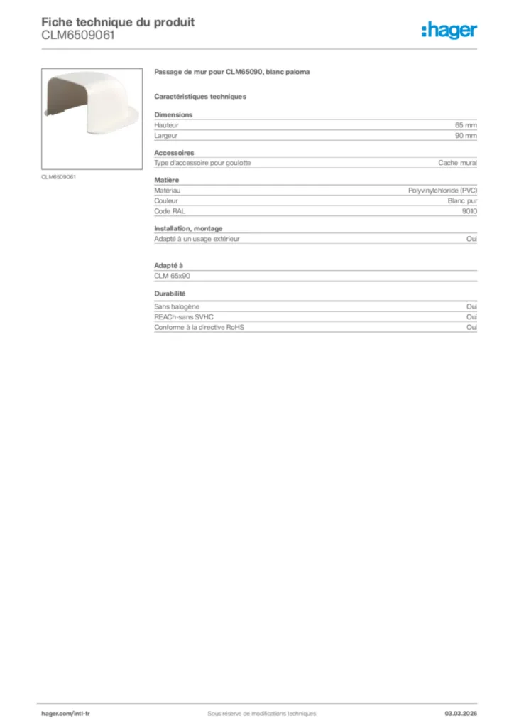 Image Hager Fiche technique du produit CLM6509061 | Hager Afrique