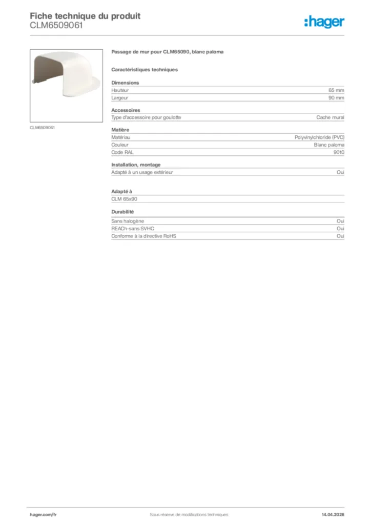 Image Hager Fiche technique du produit CLM6509061 | Hager France