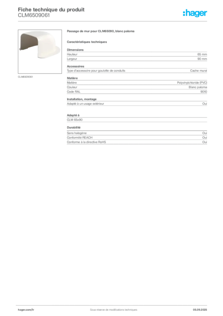 Image Hager Fiche technique du produit CLM6509061 | Hager France