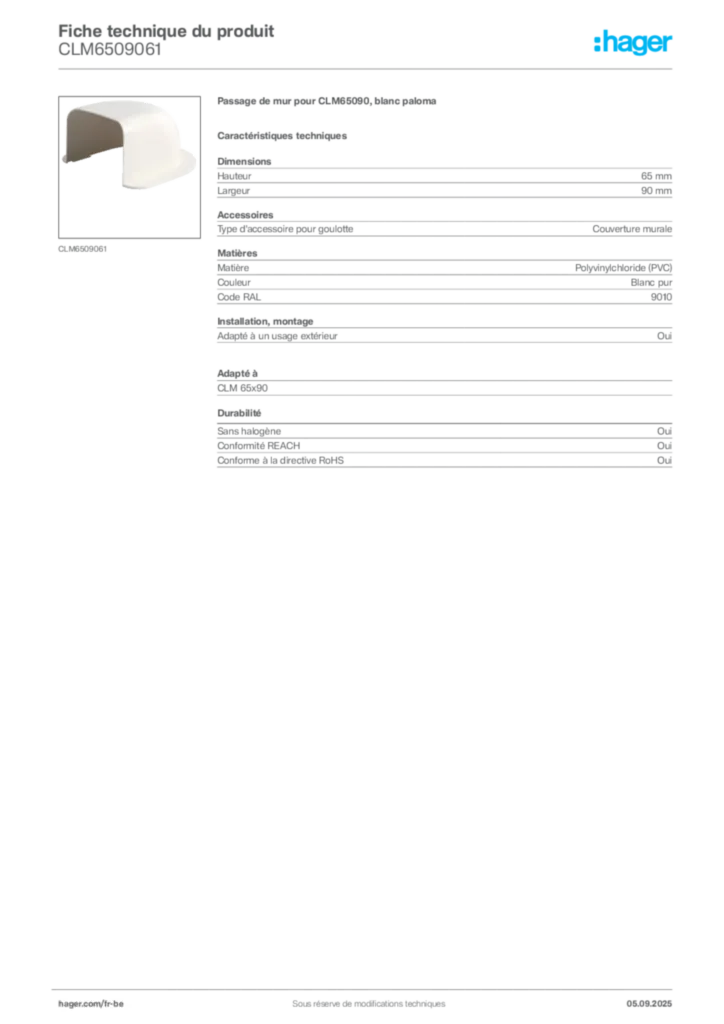 Image Hager Fiche technique du produit CLM6509061 | Hager Belgique