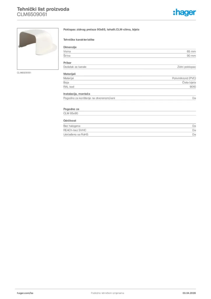 Slika Hager Tehnički list proizvoda CLM6509061  | Hager