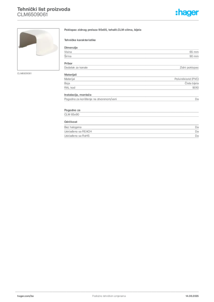 Slika Hager Product data sheet CLM6509061  | Hager