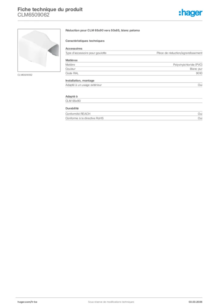 Image Hager Fiche technique du produit CLM6509062 | Hager Belgique