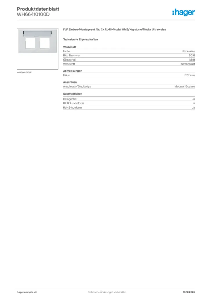 Bild Hager Produktdatenblatt WH66410100D | Hager Schweiz