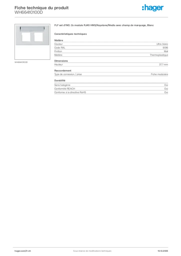 Image Hager Fiche technique du produit WH66410100D | Hager Suisse