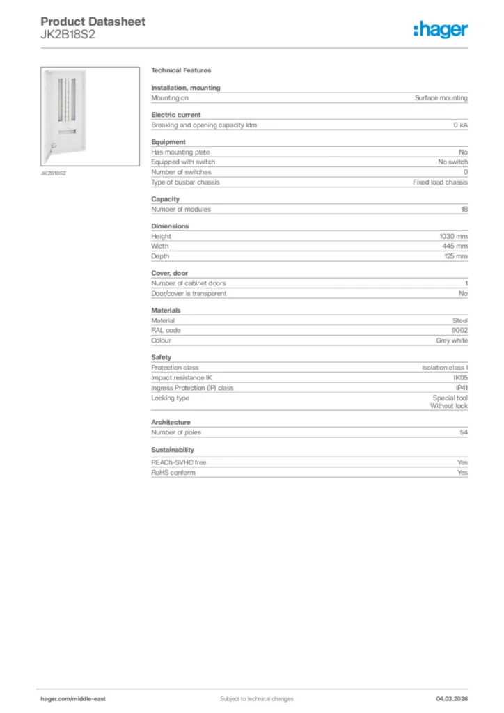 Image Hager Product data sheet JK2B18S2  | Hager