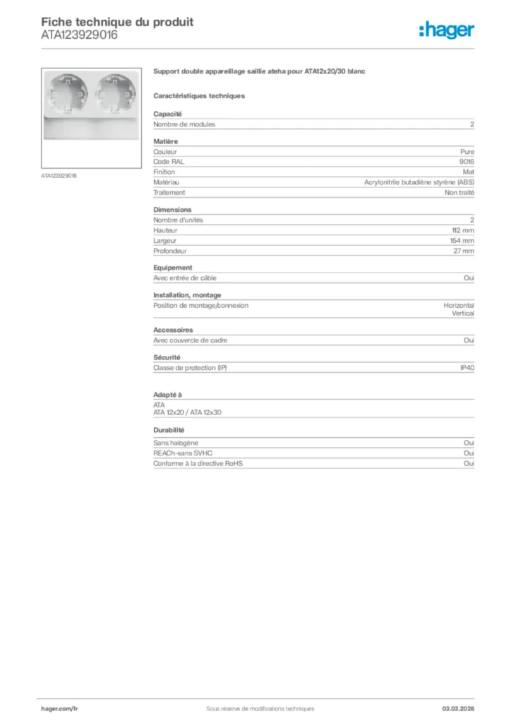 Image Hager Fiche technique du produit ATA123929016 | Hager France
