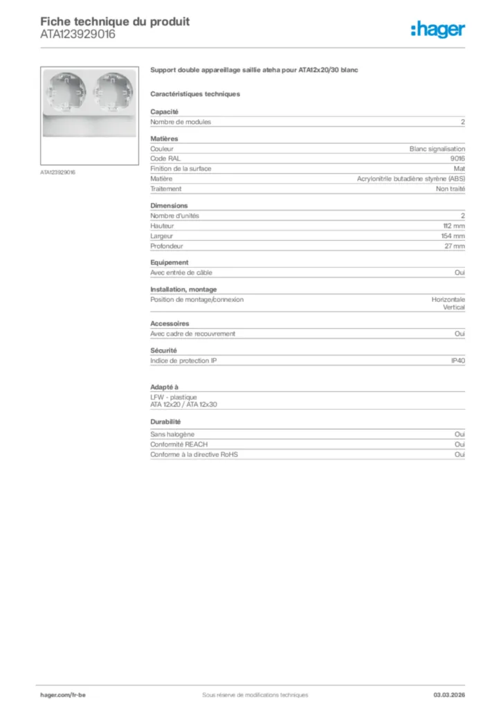 Image Hager Fiche technique du produit ATA123929016 | Hager Belgique
