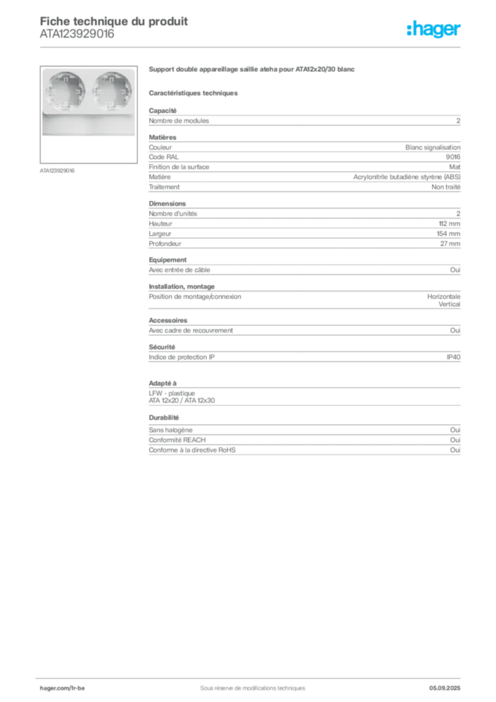 Image Hager Fiche technique du produit ATA123929016 | Hager Belgique