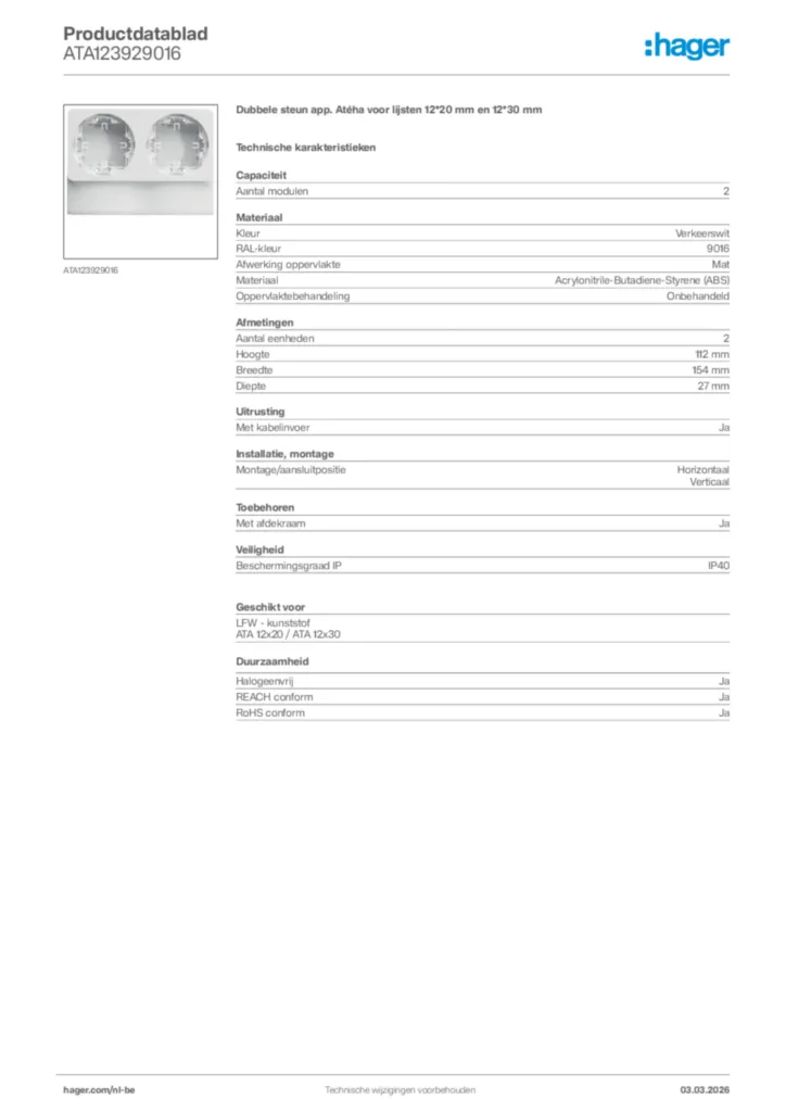 Afbeelding Hager Productdatablad ATA123929016 | Hager Belgium