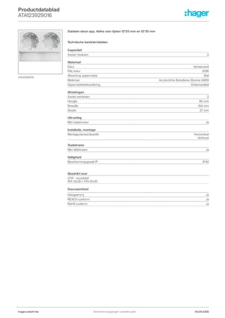 Afbeelding Hager Productdatablad ATA123929016 | Hager Belgium
