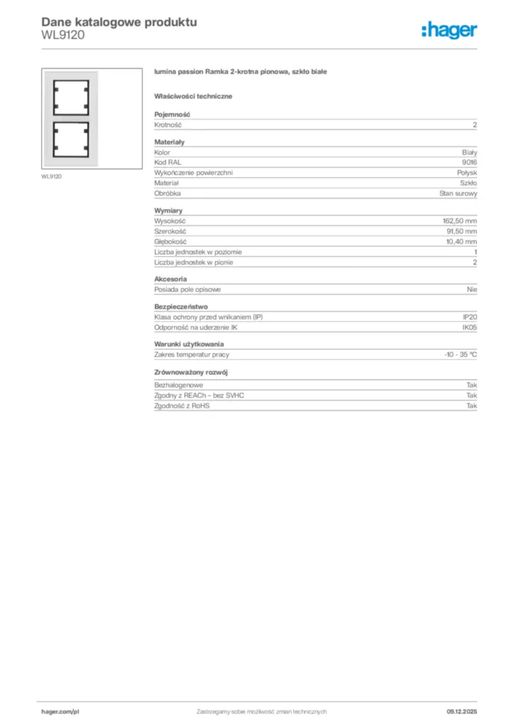 Zdjęcie Hager Karta katalogowa WL9120 | Hager Polska