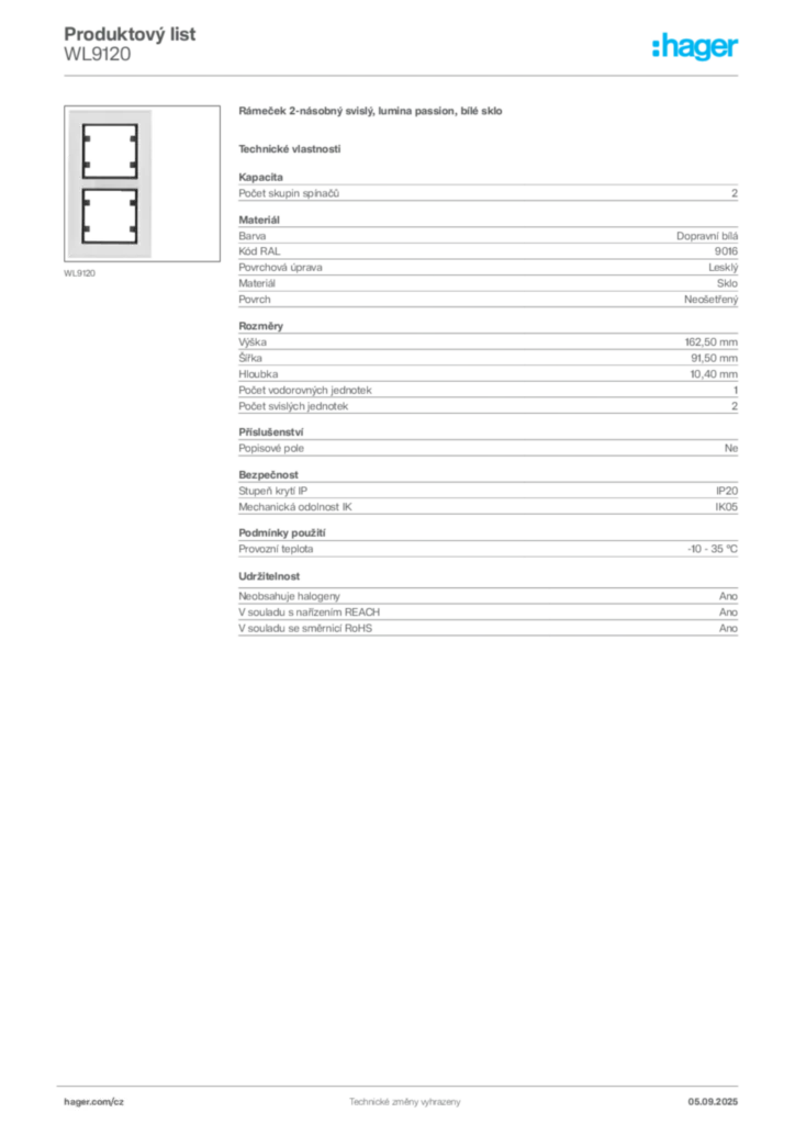 Obrázek Hager Produktový list WL9120 | Hager
