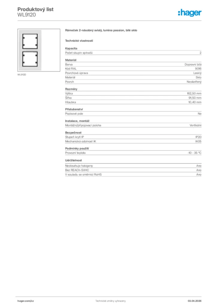 Obrázek Hager Product data sheet WL9120 | Hager