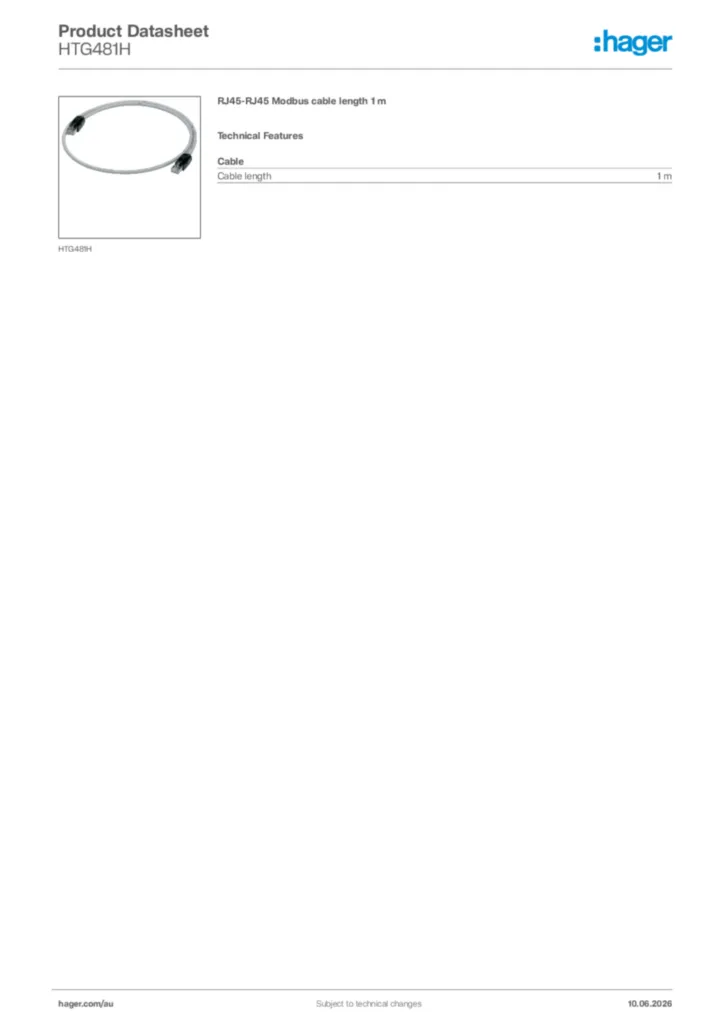 Image Hager Product data sheet HTG481H  | Hager Australia