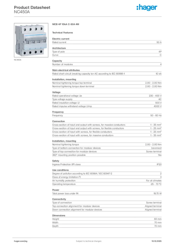 Image Hager Product data sheet NC450A  | Hager
