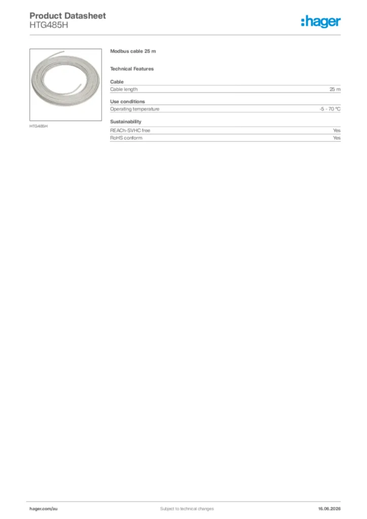 Image Hager Product data sheet HTG485H  | Hager Australia
